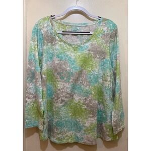 Pure Jill J. Jill Women's Top Batik Tee Long Sleeve XL Green Tie Dye Pima Cotton